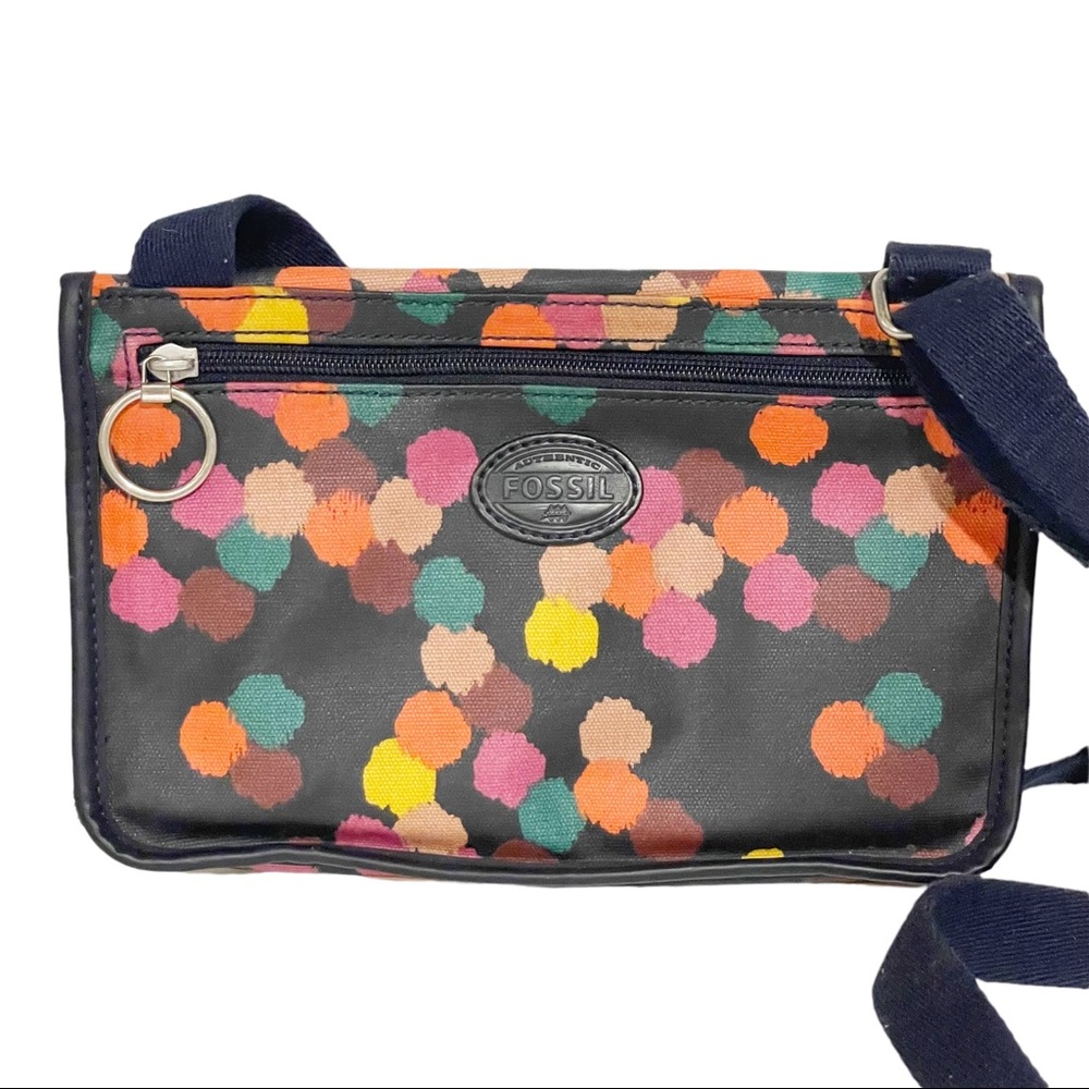 Fossil Black Multi Color Dots Crossbody Pocketbook Purse Bag